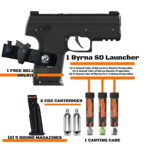 BYRNA SD Pepper Launcher / Gun (Free Holster with purchase) 8 Everything included in the Byrna SD Pepper Kit: Launcher, 2 magazines, CO2, projectiles, and bellyband holster from S.A. Self Defense