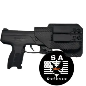 S.A. Self Defense Holster fits Byrna CL with Crimson Trace laser attached with byrna cl going in