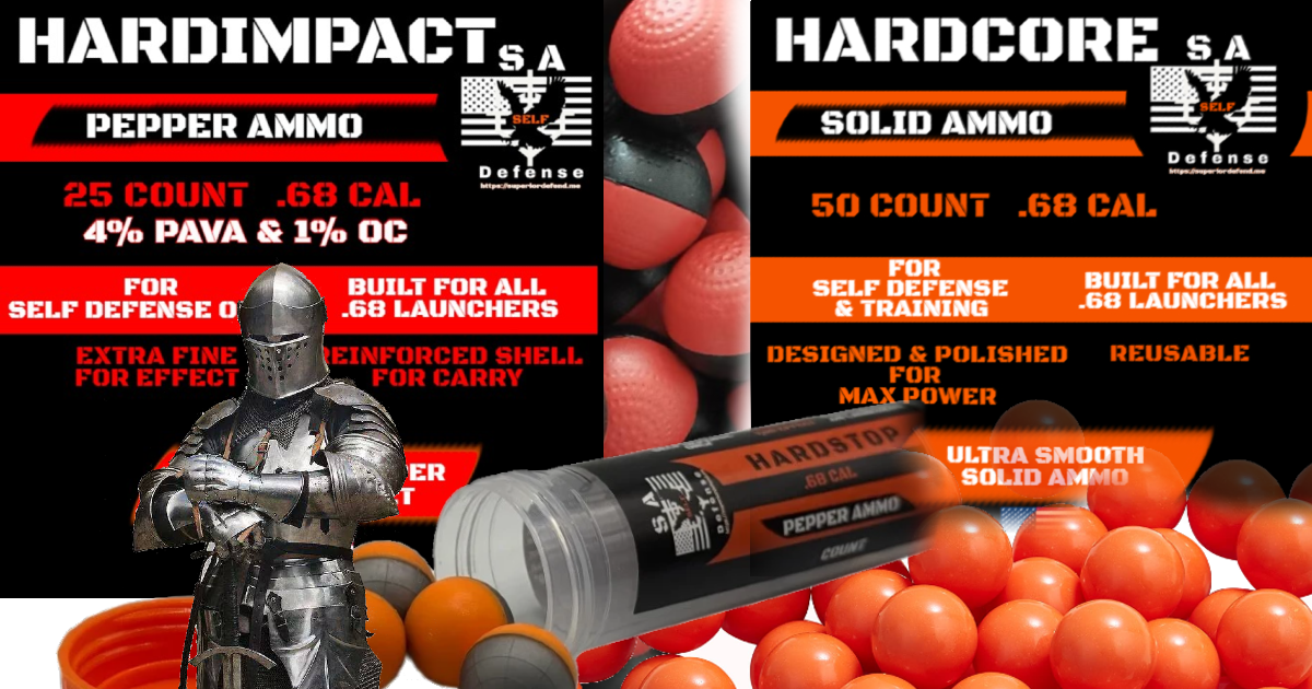 S.A. Self Defense HardDrop Hardimpact HardCore .68 pepper and solid kinetic Ammo self defense launchers Art