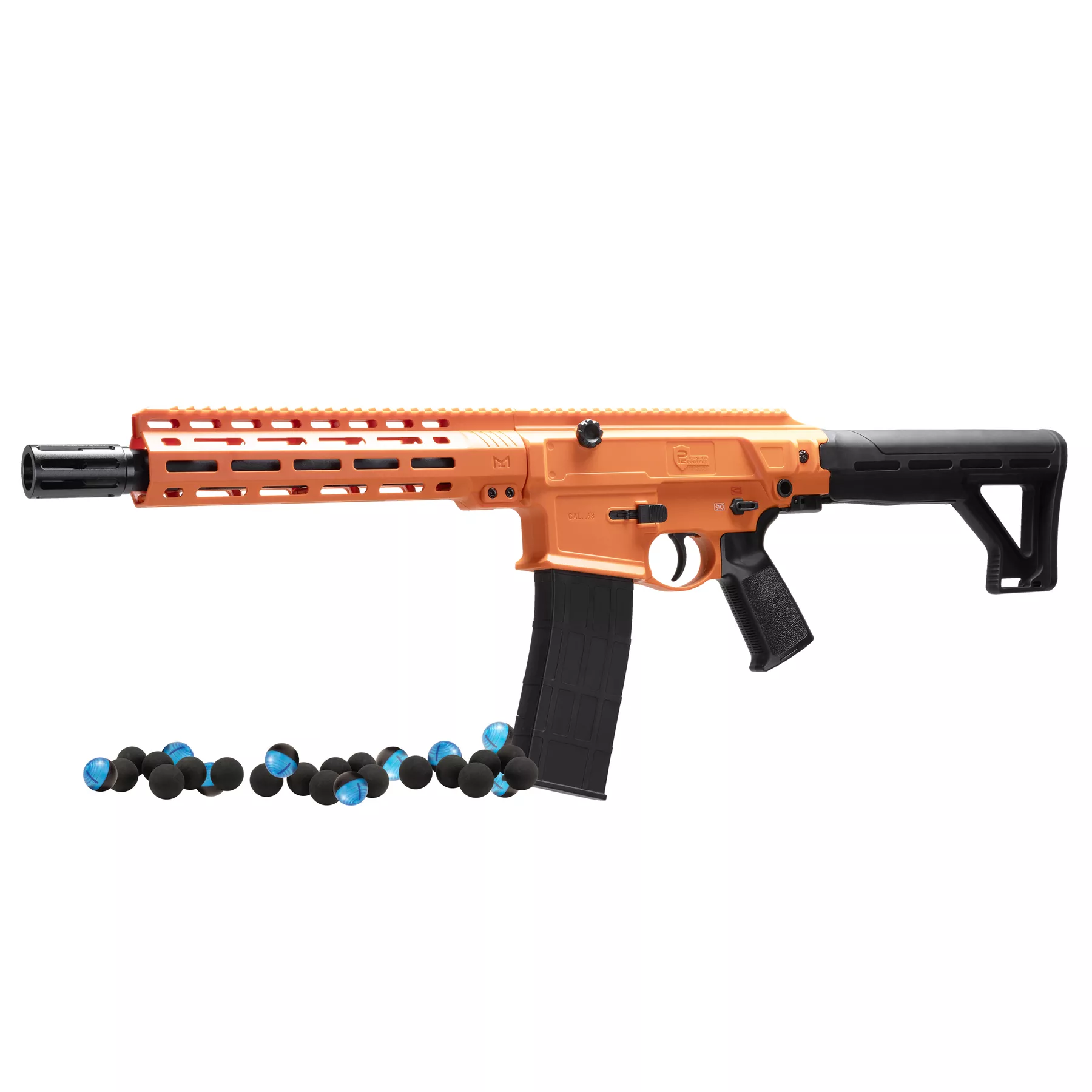 P2P Defensor 68C Impact Launcher (.68 Cal) – CO₂ Powered Less-Lethal Defense Rifle Kit 6 Threaded barrel and removable muzzle brake on the P2P Defensor 68C, designed for durability and controlled recoil.