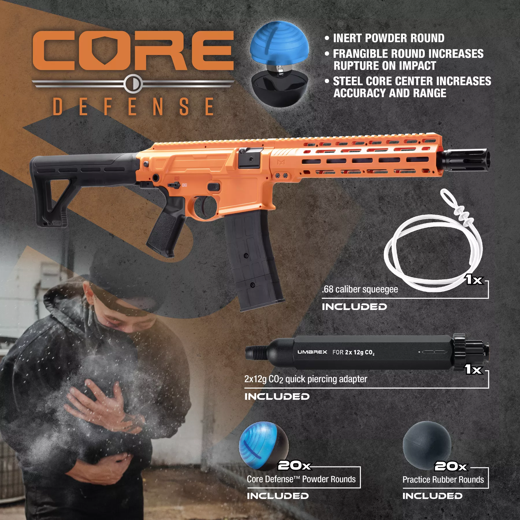 P2P Defensor 68C Impact Launcher (.68 Cal) – CO₂ Powered Less-Lethal Defense Rifle Kit 8 P2P Defensor 68C kit contents including 20 rubber rounds, 20 Core Defense inert powder rounds, CO₂ adapter, and barrel squeegee.