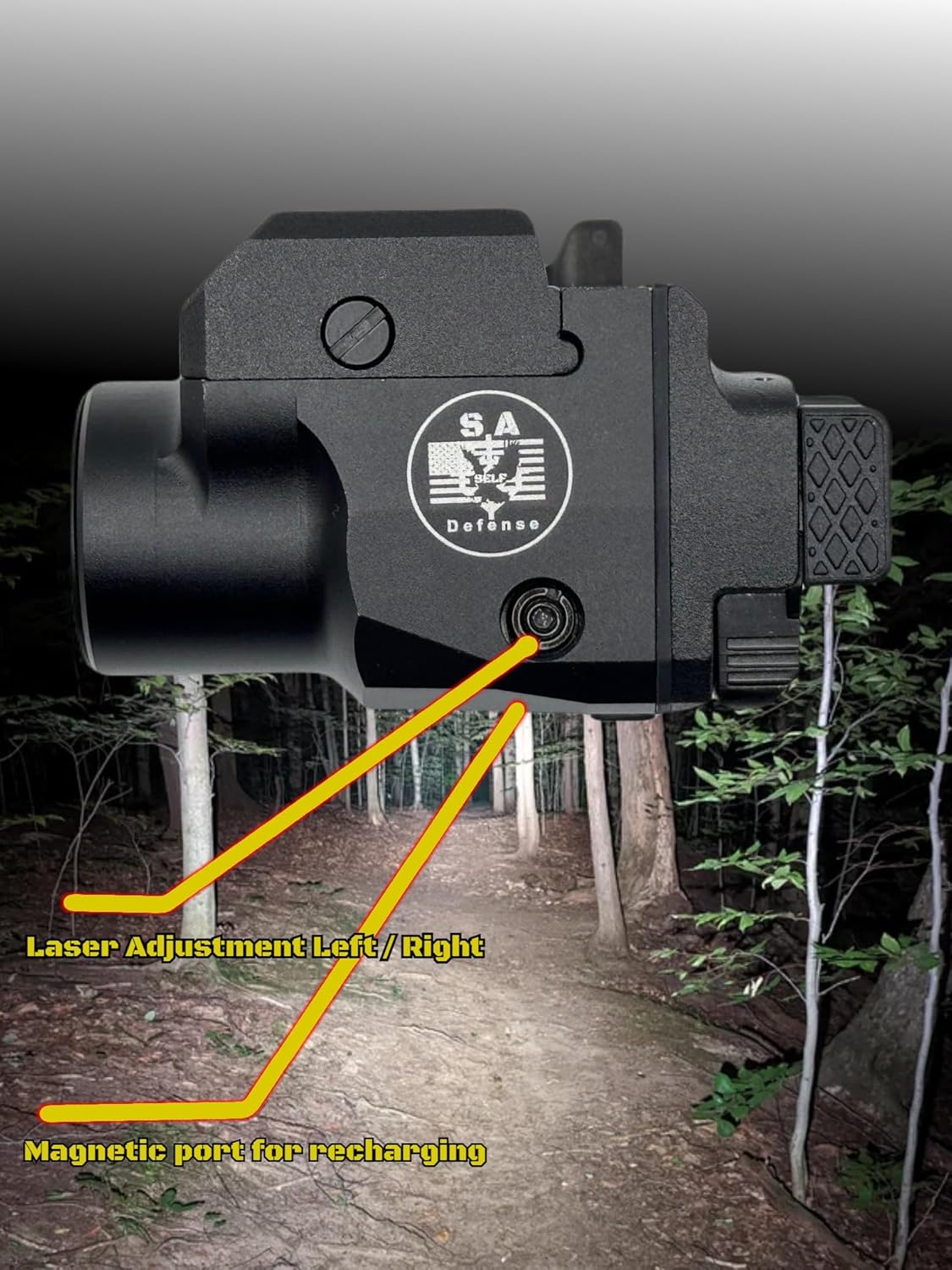 S.A. Self Defense Mini Laser Light Sight 1300 Lumens - Fits P2P Secure 68P Pepper Projectile Launcher 6 S.A. Self Defense mini Laser Light Sight 1300 lumens for the P2P Secure 68P Functions shown laser