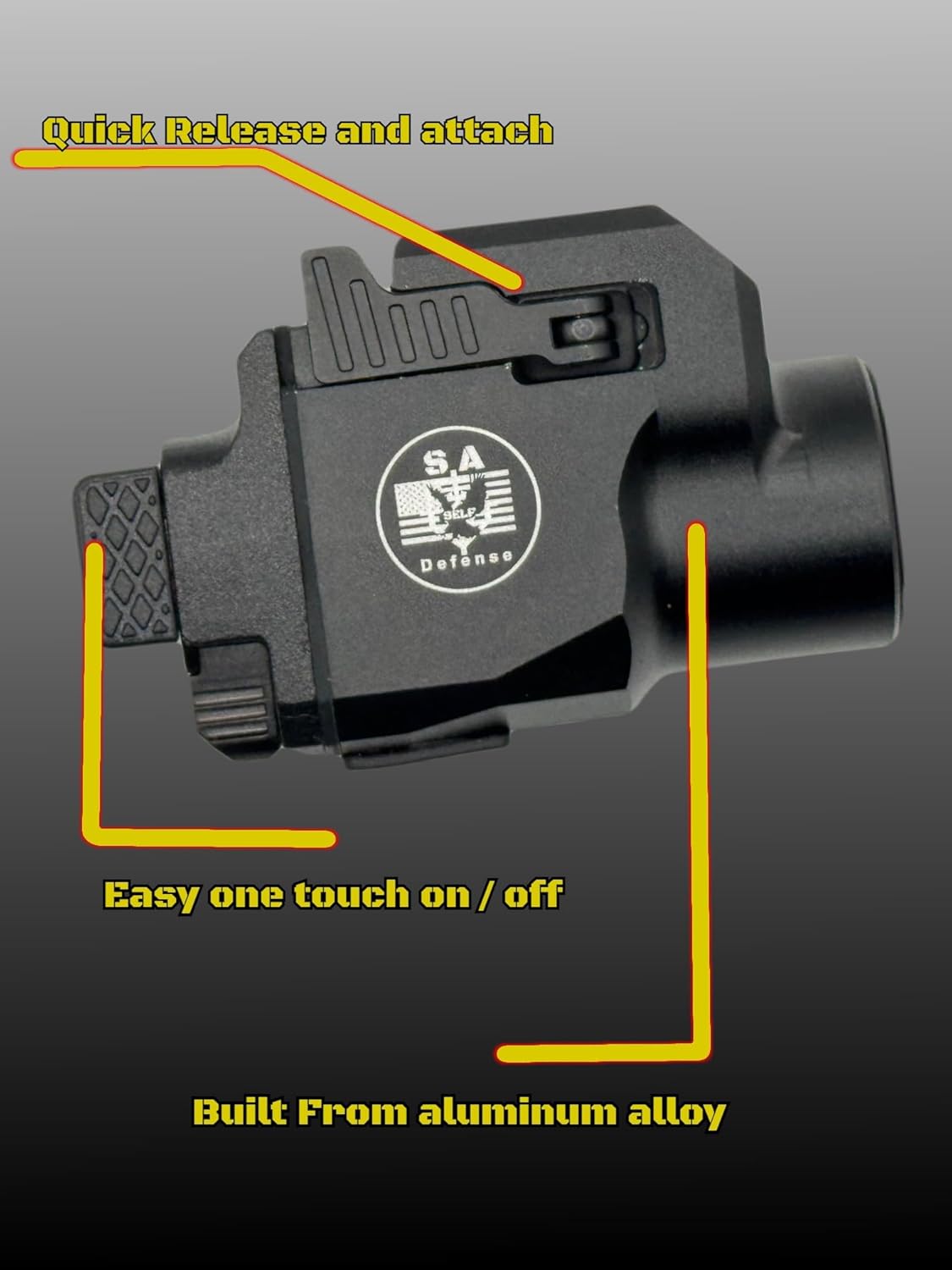 S.A. Self Defense Mini Laser Light Sight 1300 Lumens - Fits P2P Secure 68P Pepper Projectile Launcher 7 S.A. Self Defense mini Laser Light Sight 1300 lumens for the P2P Secure 68P Functions shown laser