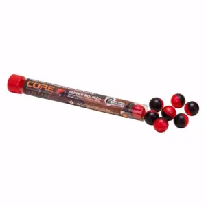 P2P Core Defense .68 caliber pepper ball rounds grouped together red and black less lethal defense ammunition