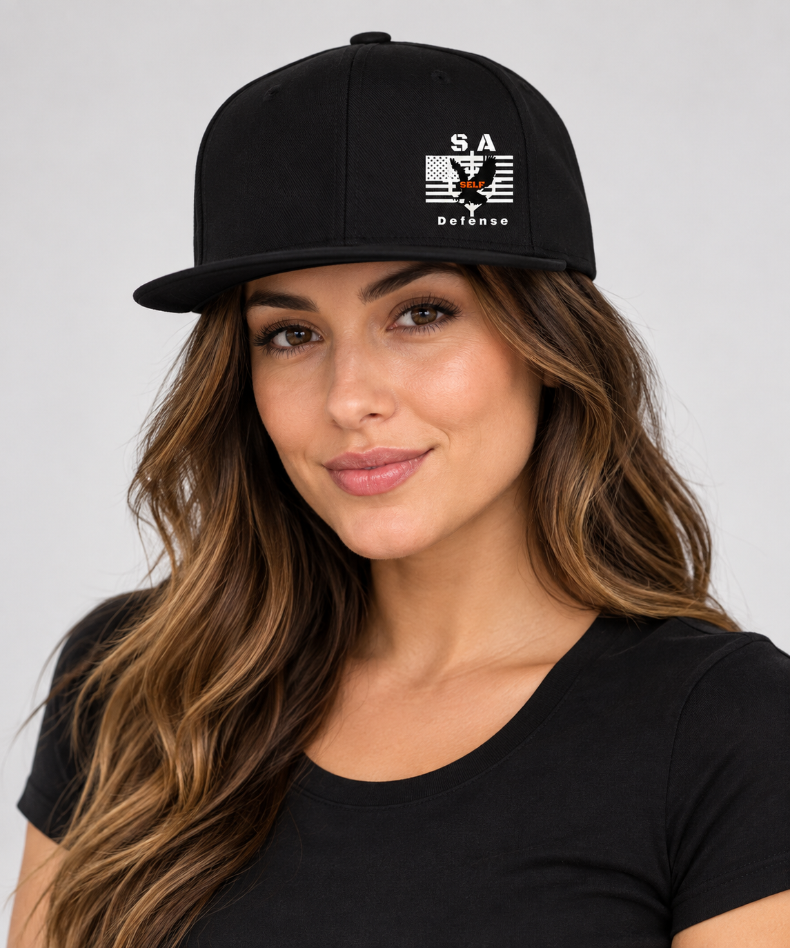 S.A. Self Defense FlexFit Flat Bill Cap 3 Sara wearing S.A. Self Defense S.A. Self Defense Wool-Blend Flexfit flat bill Cap – Curved Brim